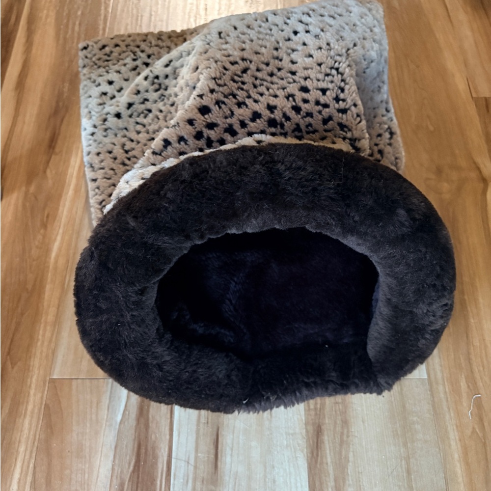 Plush Faux Fur Pet Hideaway Bed - Taupe Leopard Print with Dark Brown Trim